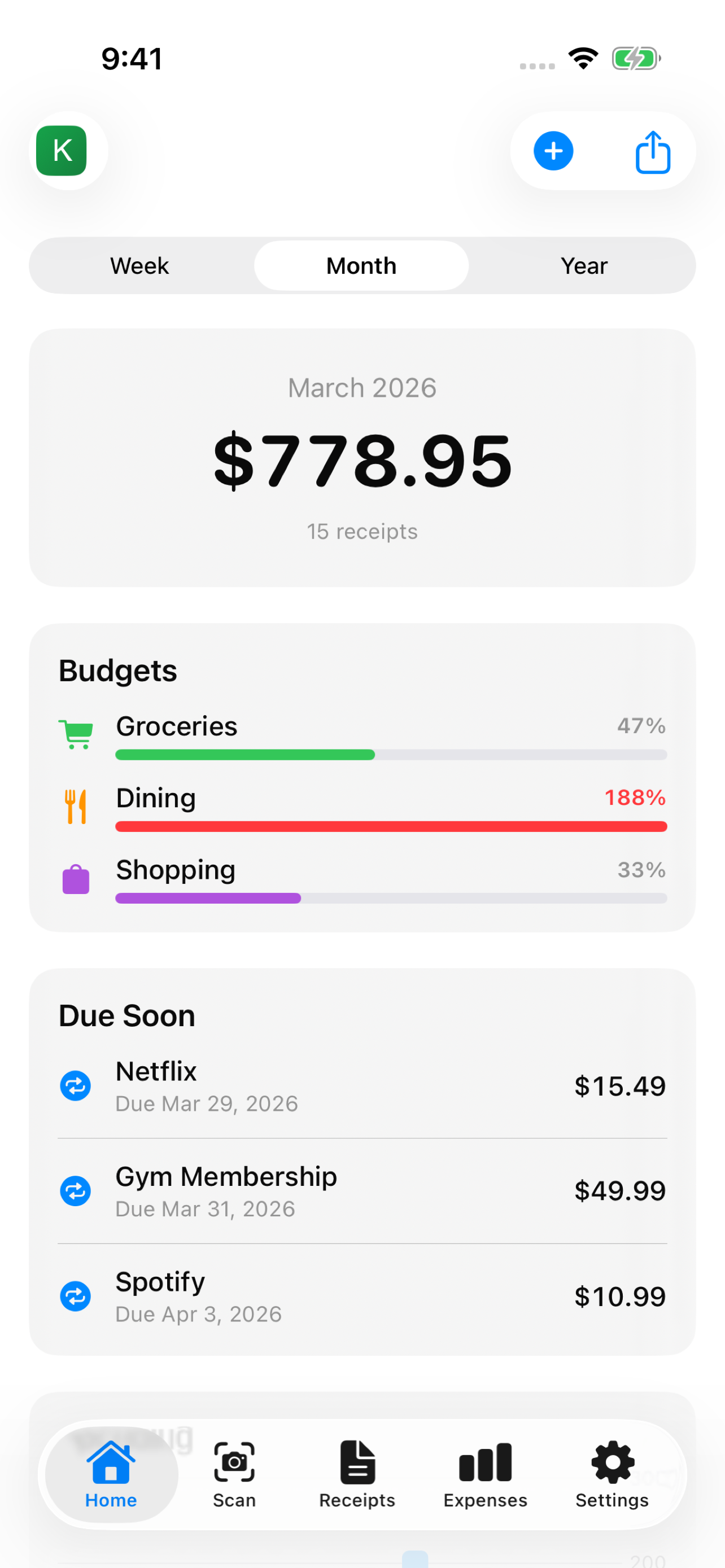 Slipless dashboard showing spending overview